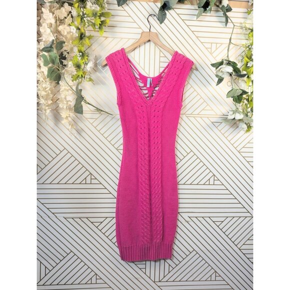 GUESS Women's HOT PINK Crochet Knit Lace-Up Bodycon Sweater Dress Size XS - Picture 1 of 6